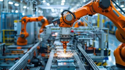 Wall Mural - Sparks flying on automated machinery at a factory illustrating industrial processes and manufacturing automation