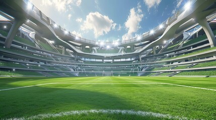 Surreal illustration of a soccer stadium featuring imaginative and dreamlike elements within a sports arena setting