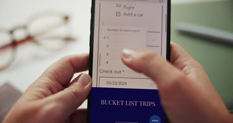 Aufkleber - Phone screen, hands and travel booking for vacation, holiday or adventure itinerary, schedule or checklist. Smartphone, app and person checking car rental, choice or flight, planning or New York menu