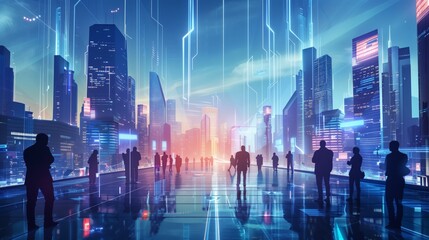 Poster - a vibrant futuristic cityscape at a business expo showcasing next-gen economic models and tech advan