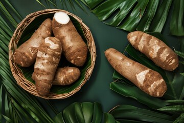 Poster - Organic raw Yucca cassava root on tray with copy space viewed from above