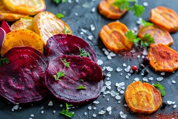 Poster - Organic vegetable chips with sea salt pepper and coriander made from carrots and beets Selective focus