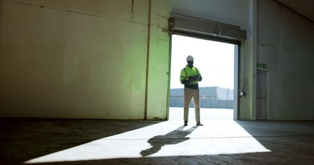 Poster - Black man, architect and inspection with tablet for construction, planning or building at site. African builder, civil engineer or contractor on technology for checklist, maintenance or architecture