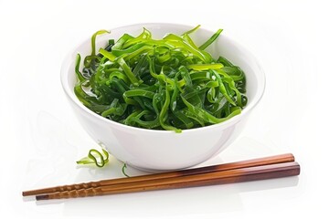 Sticker - Savory seaweed salad with chopsticks on white background