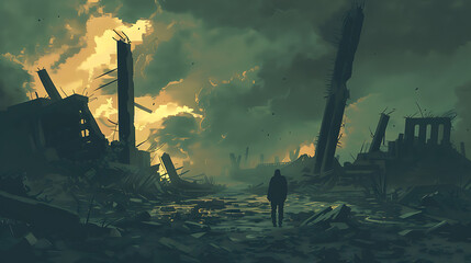 Wall Mural - A digital illustration of a doomsday landscape, with a lone survivor walking through a desolate wasteland filled with ruins and eerie light