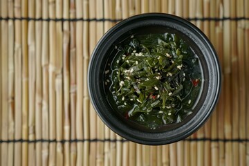 Wall Mural - Seaweed salad in black bowl on bamboo mat a part of Japanese cuisine