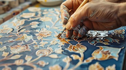 Poster - A detailed shot shows a hand-painted ceramic tile with a traditional design, perfecting every intricate detail.