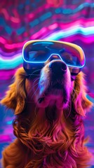 Wall Mural - Golden Retriever dog wearing virtual reality goggles with neon lights in the background. Concept of futuristic pets, technology, and entertainment. Vertical