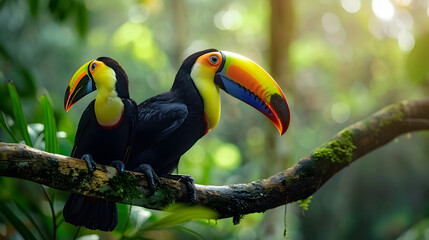 Toucan sitting on the branch in the forest.