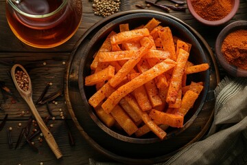 Canvas Print - Spicy masala Tapioca Chips and Indian Tea popular in India especially Kerala Top view of delicious snack