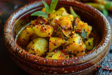 Canvas Print - Spicy masala with green mangoes for pickling