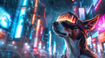 Wall Mural - Dog wearing virtual reality glasses in a neon-lit city street. Concept of futuristic pets, urban environment, technology, night cityscape.