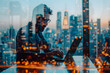 © Lucas - Businessman working on a laptop in an office, with a transparent overlay showing a modern cityscape of buildings and skyscrapers. Ideal for themes of technology, business, and urban life. Ai Generate.