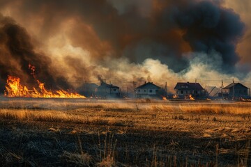 Wall Mural - Steppe fires destroy fields in drought causing environmental and economic damage Fire threatens homes residents extinguish it