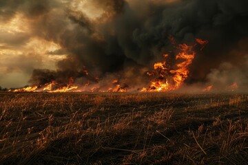 Wall Mural - Steppe fires in severe drought destroy fields causing regular environmental and economic damage to the region Fires threaten residential bui