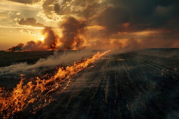 Poster - Steppe fires in severe drought devastate fields causing environmental and economic harm The blaze endangers homes prompting residents to ext