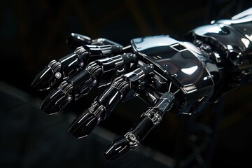 Canvas Print - robotic hand in black dark color, closeup, metallic