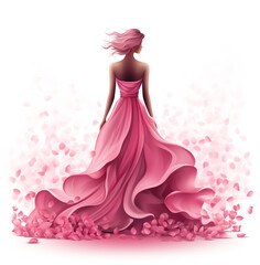 Wall Mural - Romantic look of elegant woman surrounded by pink petals on white background