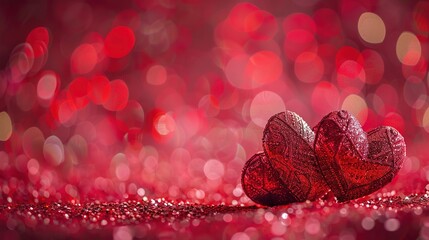 Canvas Print - Romantic Valentine's day background. Two red decorative hearts on red background with bokeh