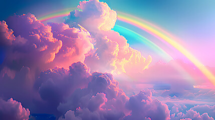 Canvas Print - A fairy tale landscape of the sky, thick pink clouds and colorful beautiful rainbow, gentle vivid colors. Imagination and beauty.