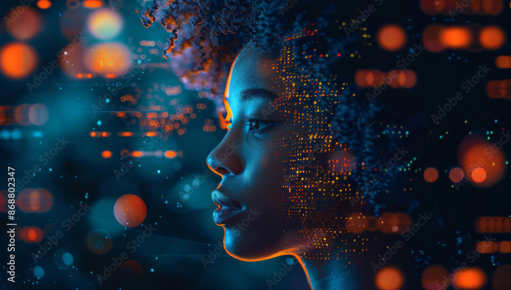 AI cyber security threat illustration, black african american female IT ...