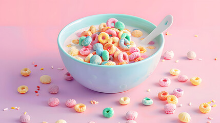 Canvas Print - Pastel creative food concept of delicious breakfast or snack, delicious cereal in milk. Cereals for a healthy and tasty start to the day. 