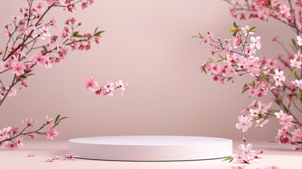 Wall Mural - Round podium platform stand for product presentation and spring flowering tree branch with pink cherry blossom flowers on pastel background. Front view