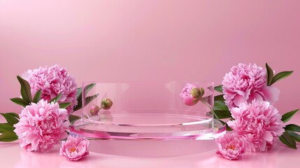 Wall Mural - Round transparent glass podium platform stand for beauty product presentation and spring beautiful peonies flowers around on pastel pink background. Front view