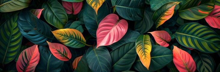 Vibrant Tropical Leaves Closeup With Blue, Pink, and Gold Tones
