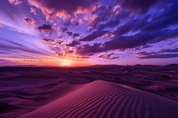 sunset landscape in zagora sahara desert with purple sky and dunes