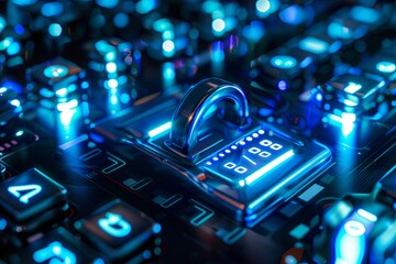 Poster - A close-up image of a secure communication device with a metal lock and blue lights. Generative AI