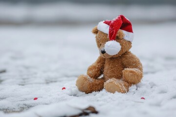 Wall Mural - Sad Christmas, end of holiday, loneliness, solitude, depression concept. Toy teddy bear with Santa hat sitting alone on snow