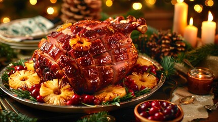 Glazed ham garnished with pineapple rings and cherries, set on a festive holiday table with candles and greenery. Concept of holiday meals, tradition, and celebration