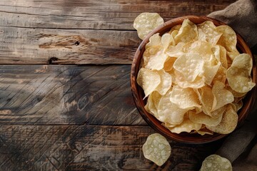 Tapioca or rice chips snack with rustic background ideal for keto or paleo diets Vegan or vegetarian option available