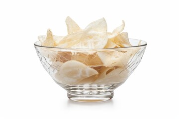 Wall Mural - Tasty cassava chips in glass bowl isolated on white background