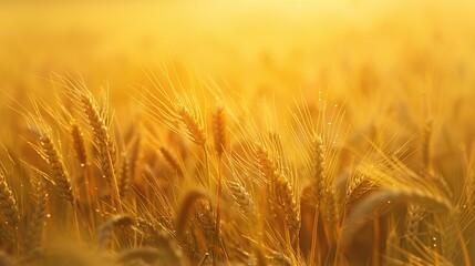 Poster - Saisonal wheat field in luminous golden colors. Close-up with short depth of field and abstract bokeh