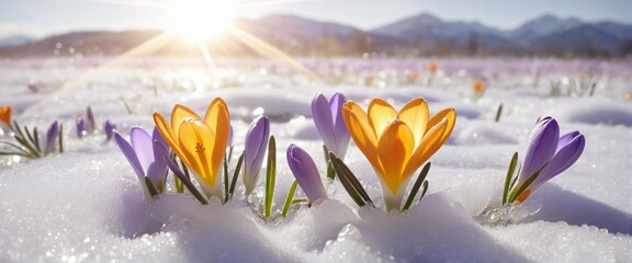 vibrant purple crocus flowers blossoming in a snowy meadow under the soft glow of the sun - embracin