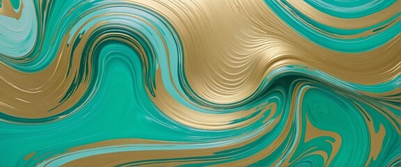 Wall Mural - colourful panorama of a swirling turquoise wave texture banner painting with marbled fluid design an
