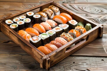 Sticker - Variety of tasty sushi rolls on wooden tray