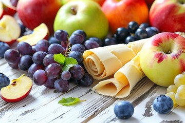 Wall Mural - Various fruits and fruit leather rolls on white table for detox Healthy and delicious candy with selective focus