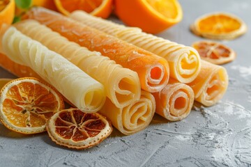 Wall Mural - Various pastille rolls fruit leather cones and dried oranges on a light grey background Healthy snacking idea with no added sugar