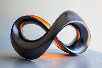 Poster - A black infinity loop sculpture with a warm, glowing interior, resting on a white surface. Generative AI