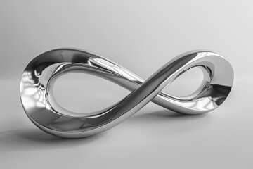 Poster - A polished chrome sculpture in the shape of a continuous infinity loop, reflecting light in a studio setting. Generative AI