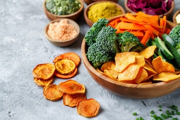 Sticker - Vegan chips and veggies in a mango bowl on a light table with copy space