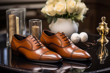 Brown shoes resting on table