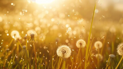 Canvas Print - Golden field with dandelions at sunset. Lush dandelions release seeds in the warm evening glow. Perfect for seasonal and nature concepts. AI