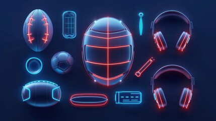 Hightech illustration of futuristic sports equipment with vibrant neon accents and modern aesthetics with copy space
