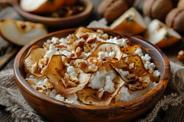 Wall Mural - Vegan dessert with pear chips cottage cheese and walnuts healthy sugar free option served at a restaurant