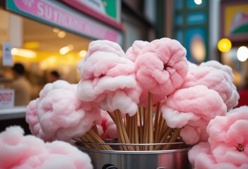 Wall Mural - Sweet Treats at the Festive Fair: Cotton Candy on a Blurred Christmas Market Background