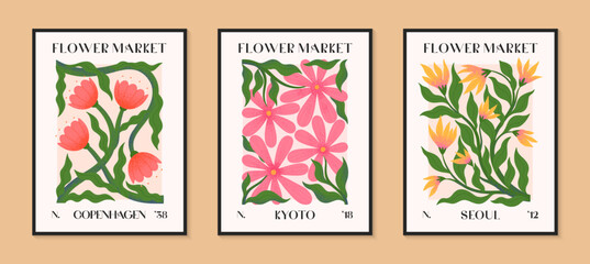 Wall Mural - Abstract flower market vector posters with hand drawn florals.Modern botanical illustrations for prints,flyers,banners,invitations,branding design,covers,home decoration.